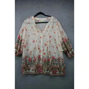 Fig & Flower Sheer-Pin Tuck Button Down Paisley Blouse-Size 2x-New With Tags